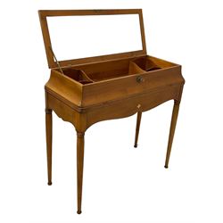 French design cherry wood dressing table, reed moulded hinged lid reveals mirror back, central compartment with lid and divisions, on turned supports