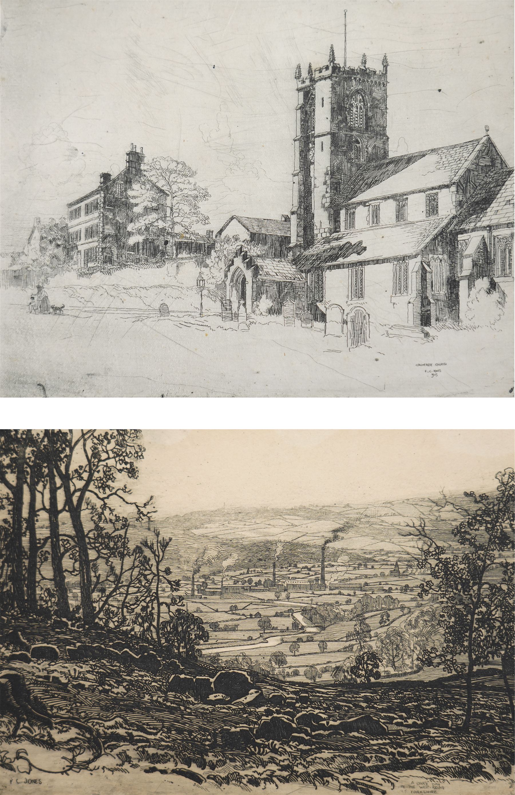 Frederick (Fred) Cecil Jones RBA (British 1891-1966): 'Leeds and Liverpool Canal - Near Bradford' and 'Calverley Church - Near Leeds', two etchings signed and titled in pencil max 15cm x 20cm (2) (unframed)