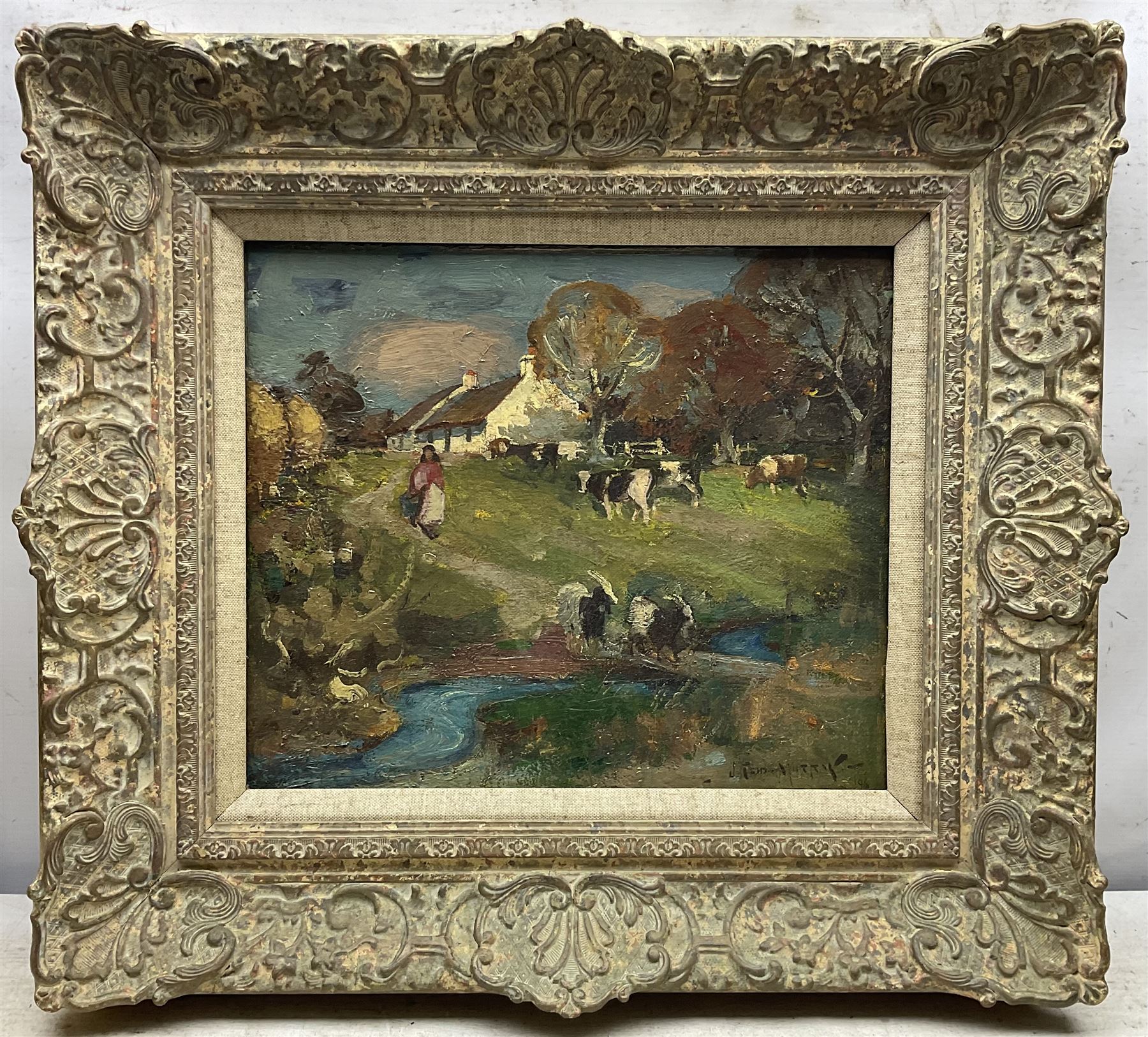 John Reid Murray (British 1861-1906): Goats and Cows at the Riverside, oil on canvas signed and dated '96, 30cm x 35cm