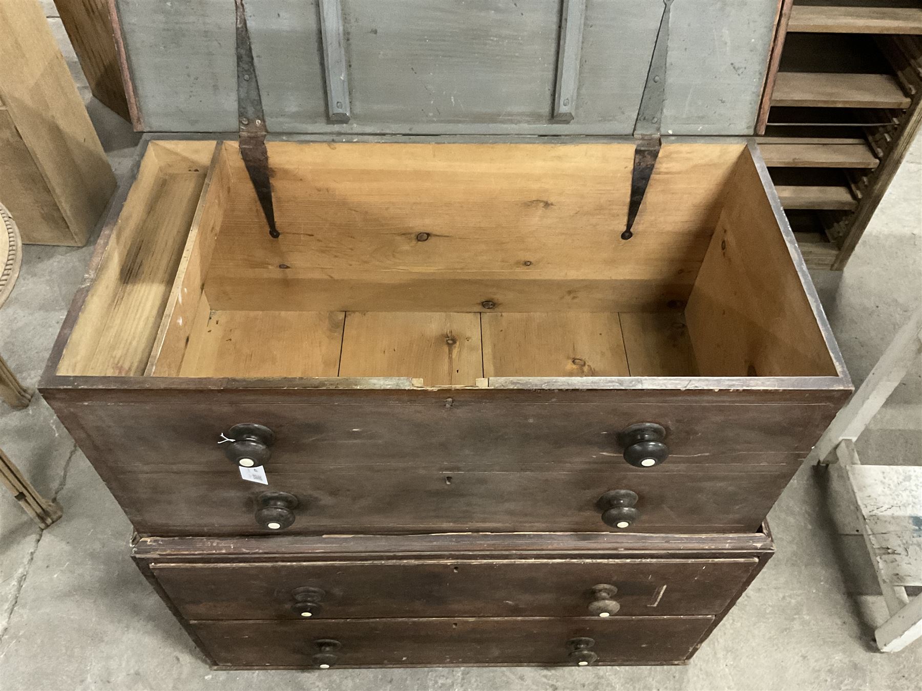 19th century scumbled pine mule chest, rectangular hinged top enclosing candle box with faux two-drawer facia, base fitted with two drawers - THIS LOT IS TO BE COLLECTED BY APPOINTMENT FROM THE OLD BUFFER DEPOT, MELBOURNE PLACE, SOWERBY, THIRSK, YO7 1QY