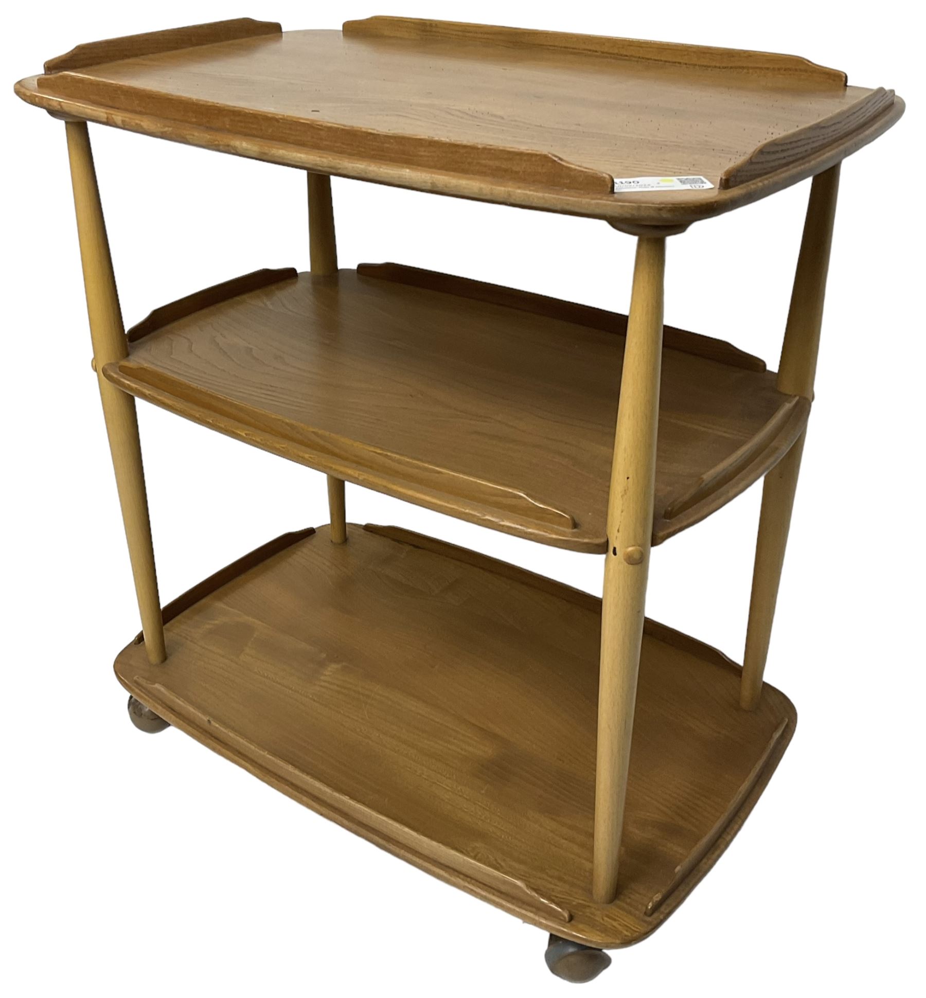 Ercol - mid-20th century light elm 'three tier tea trolley, on castors