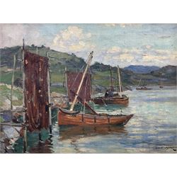 David Martin (Scottish fl.1884-1935): Fishing Boats Moored on the Coast of Scotland, oil o...