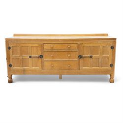 Mouseman - adzed and panelled oak 6' sideboard, fitted with four central drawers and flank...