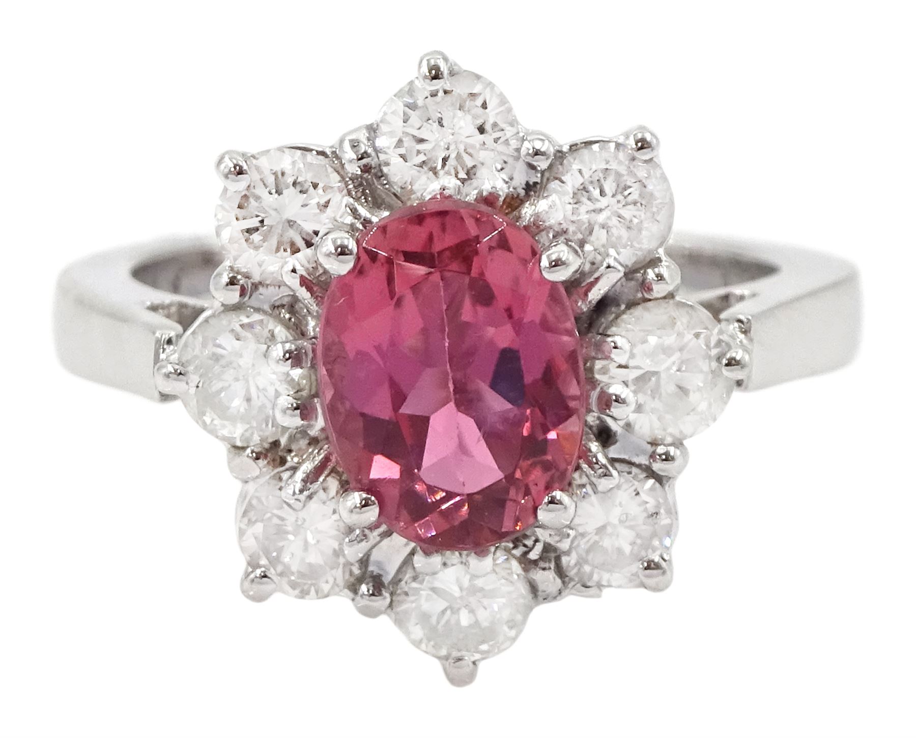 18ct white gold oval pink tourmaline and round brilliant cut diamond cluster ring, hallmarked, tourmaline approx 2.50 carat, total diamond weight approx 0.40 carat