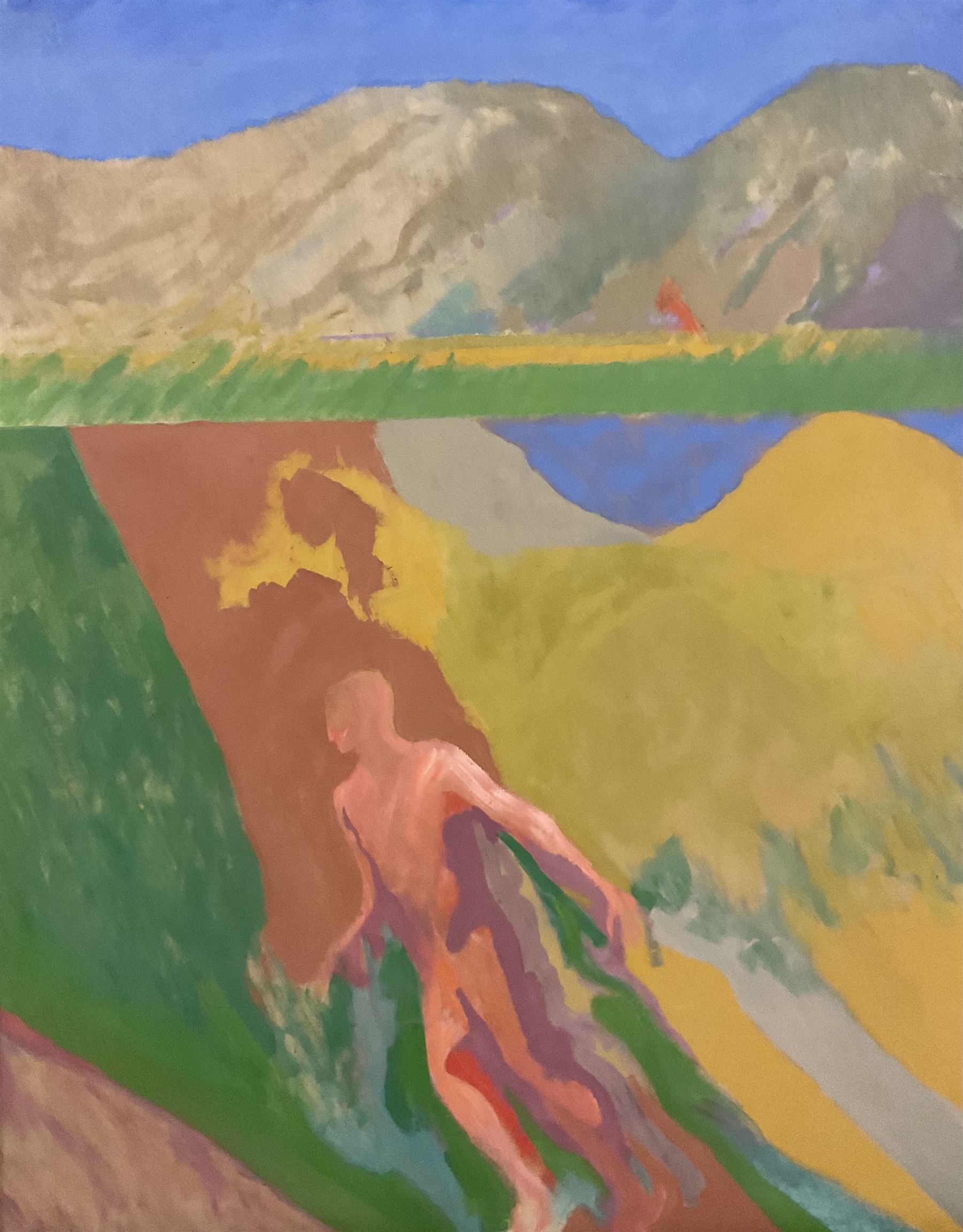 Michael Robert Buhler (British 1940-2009): 'Figure Moving Through Landscape, oil on canvas unsigned, John Moores Liverpool Exhibition 1963 label verso 127cm x 101cm