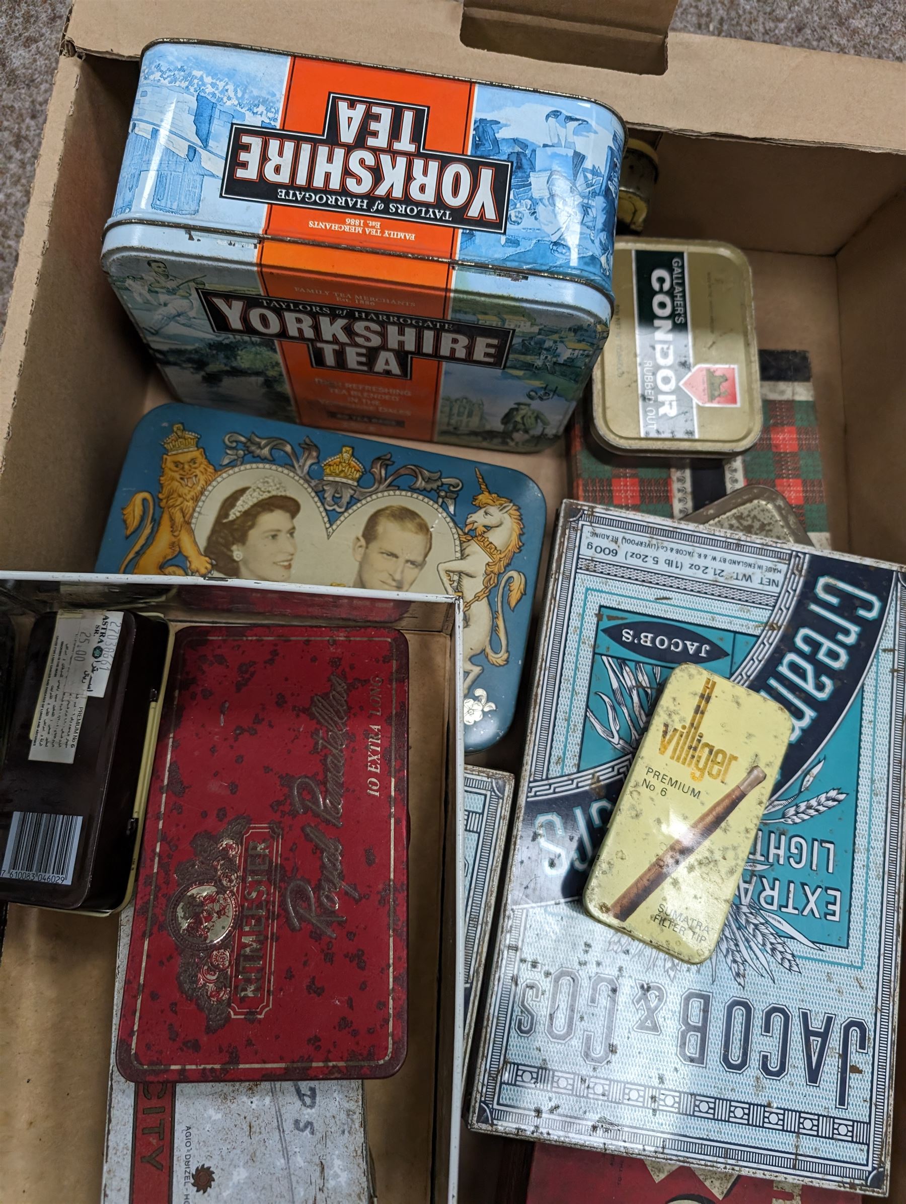 Collection of advertising tins, including Jacobs Crackers, OXO, Yorkshire Tea, etc