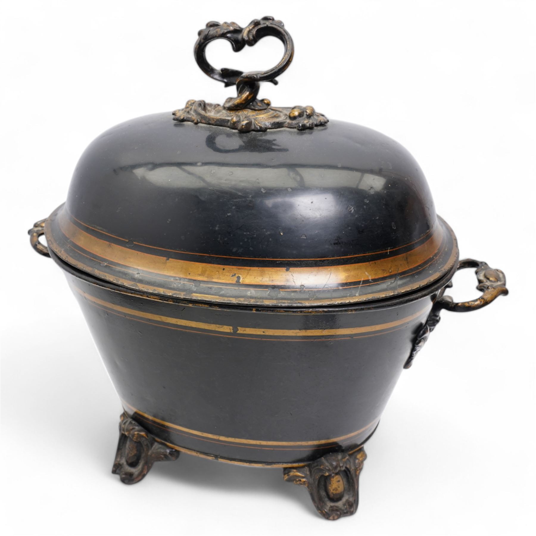 Victorian toleware coal bucket and cover, of oval form, painted with gilt bands on a black ground, with scrolled cast iron handles and feet H47cm 