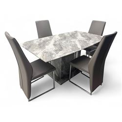 Contemporary marble effect dining table, rectangular marble top with rounded corners, supp...