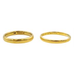 Two gold wedding bands, both hallmarked 22ct