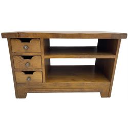 John Lewis - 'Bergerac' oak television stand, rectangular plank top over three drawers with cut-out handles to the left and open shelving to the right, on square supports with slanted edges