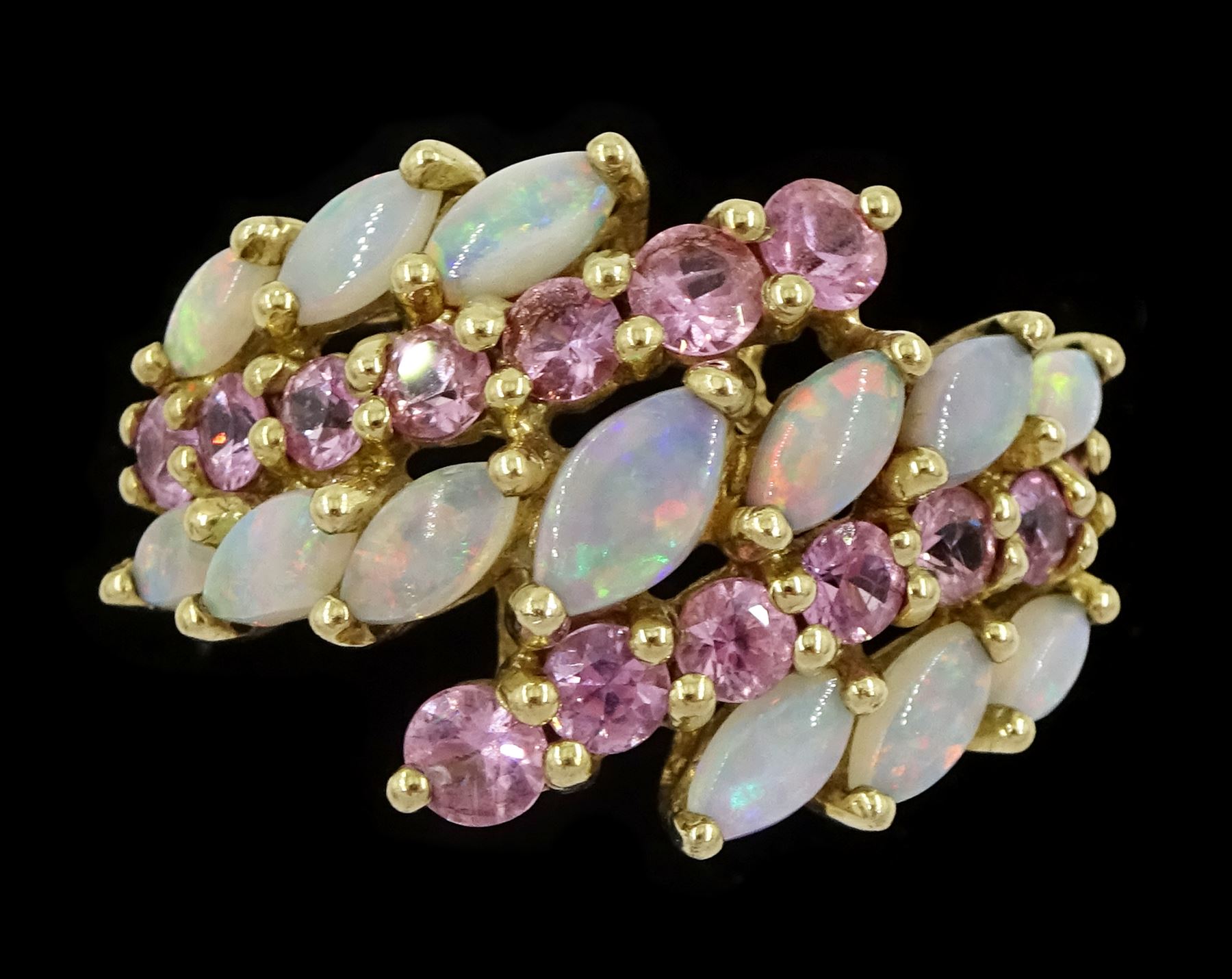 9ct gold five row marquise cut opal and pink sapphire ring, hallmarked