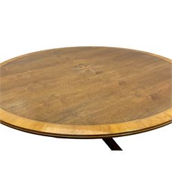 Senior & Carmichael, Betchworth - Georgian design walnut centre table, the circular moulded top with satinwood band and central star inlay, quadriform base with central orb and applied makers plaque, raised on splayed supports