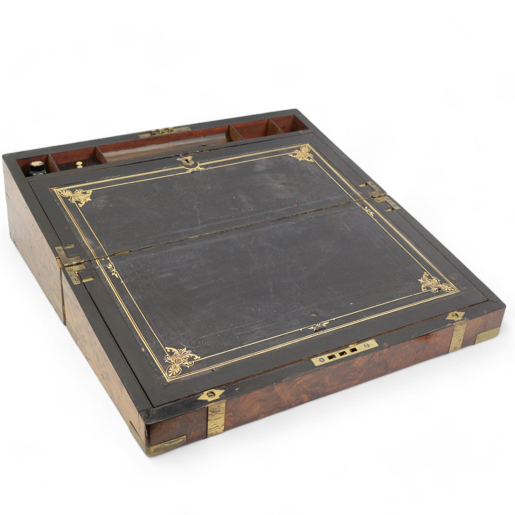 19th figured walnut and brass bound writing slope, the hinged cover opening to reveal a tooled black leather writing surface, pen tray and various compartments, L50cm x H18.5cm