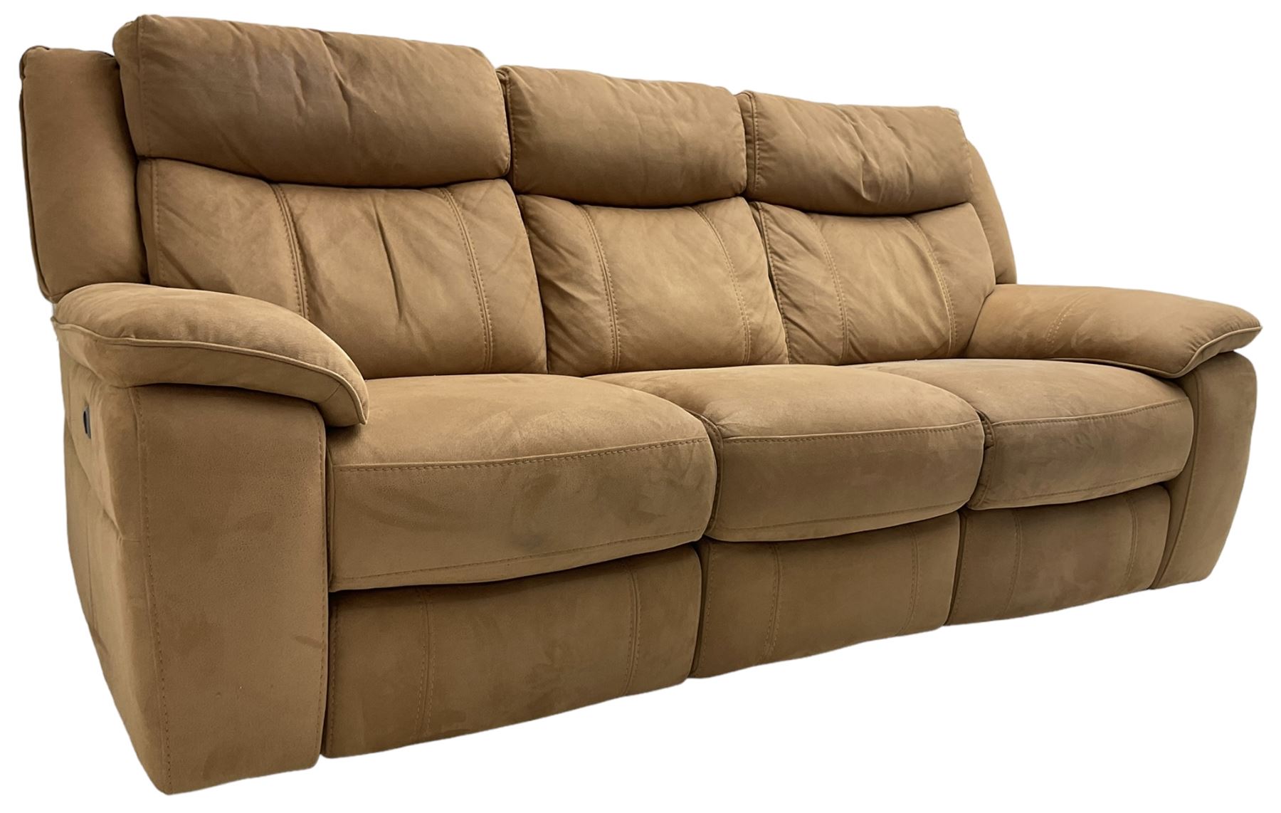 Electric reclining three-seat sofa (W213cm, H100cm) and matching armchair (W109cm) upholstered in brown fabric