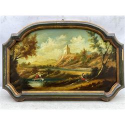 Continental School (19th century): Washerwomen in Capriccio Landscapes, pair oils on shaped panels unsigned 27cm x 46cm (2)