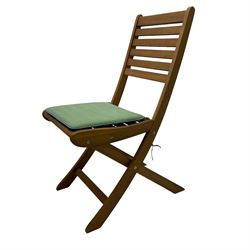 Teak slatted garden table, circular drop-leaf top (D120xm, H76cm); set of four teak slatted garden folding chairs  - THIS LOT IS TO BE COLLECTED BY APPOINTMENT FROM DUGGLEBY STORAGE, GREAT HILL, EASTFIELD, SCARBOROUGH, YO11 3TX