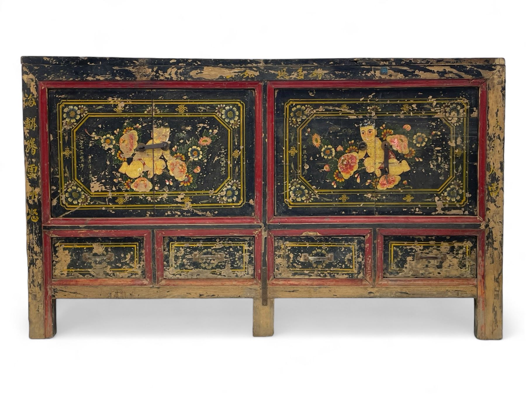 19th century Chinese Qing dynasty painted elm cupboard, Shanxi province, two double cupboards enclosed by doors painted with figure and flower heads, fitted with four small drawer, on stile supports 