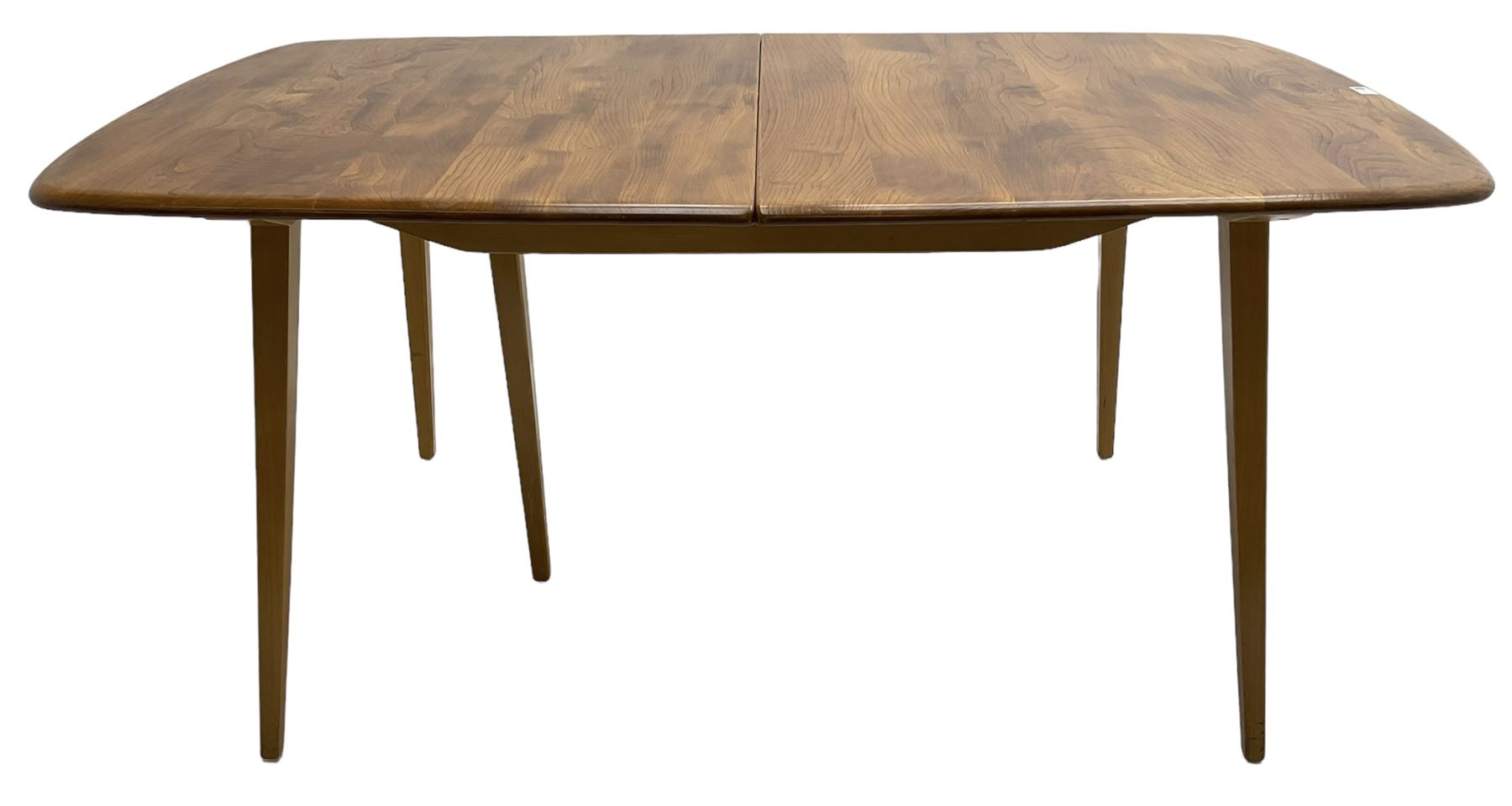 Ercol - light elm and beech 'Slide Leg Expanding Dining Table (444)', rectangular top with rounded corners, raised on tapered splayed supports, with two additional leaves