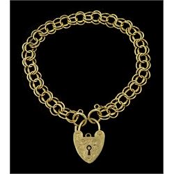 9ct gold double curb link bracelet, with heart locket clasp, hallmarked