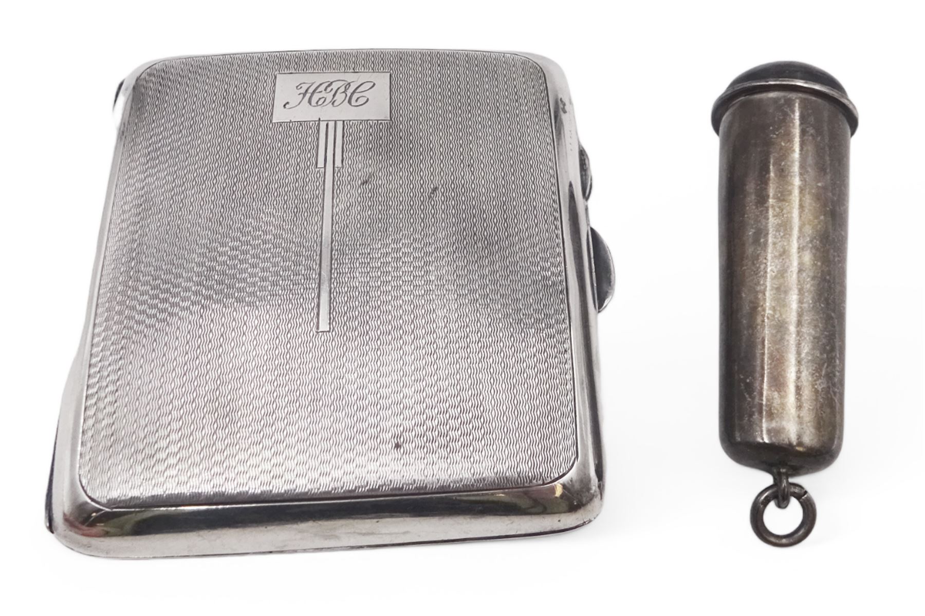 1930s silver cigarette case, with Art Deco style engine turned decoration and engraved initials, hallmarked Frederick Field Ltd, Birmingham 1934, and a silver cheroot holder case, hallmarked William Neale Ltd, Chester 1902, containing cheroot holder with 9ct rose gold collar, cigarette case 9cm