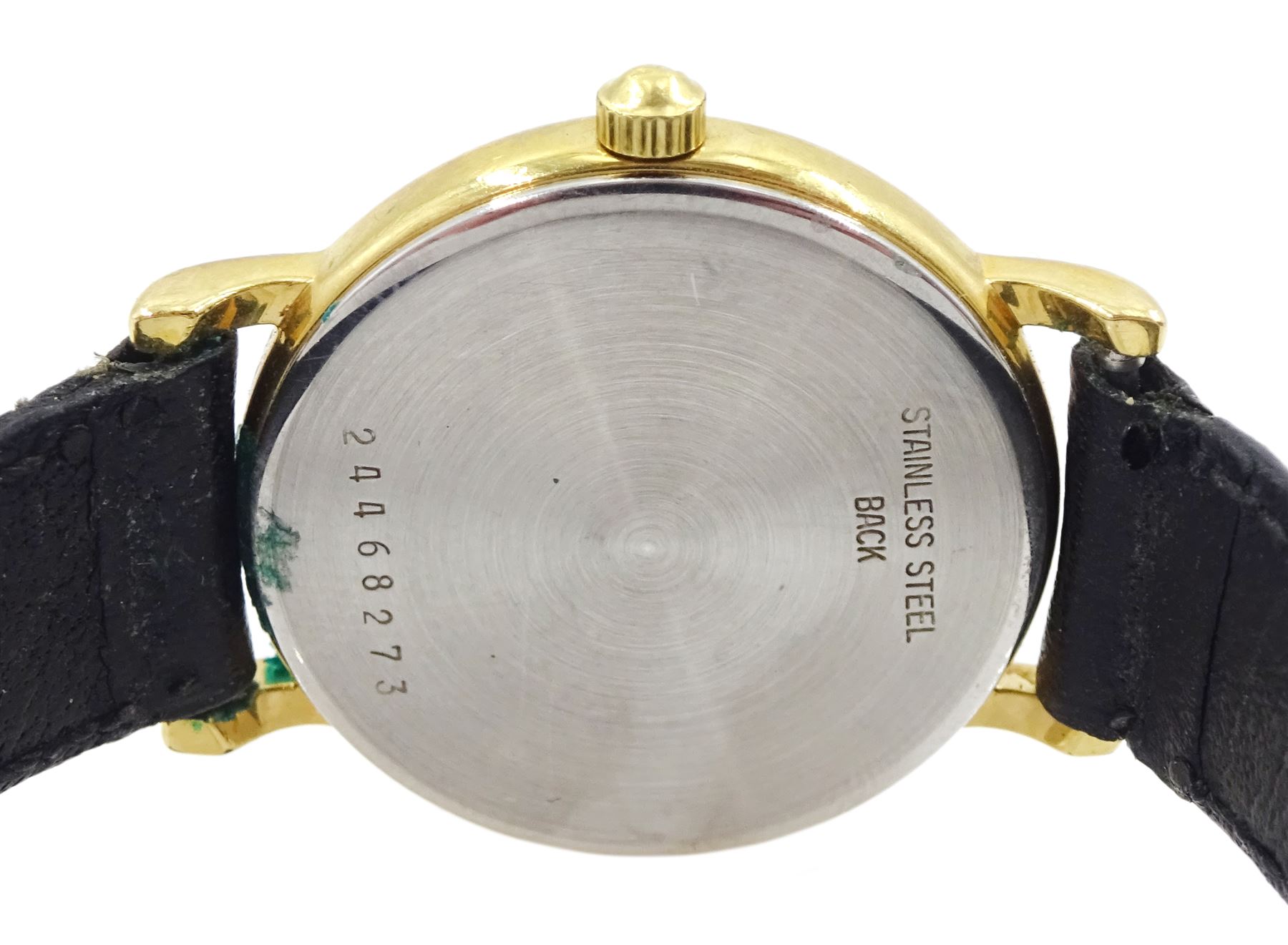 Omega ladies 9ct gold manual wind wristwatch, Cal. 620, London 1969, on black leather strap and a Longines Presence ladies stainless steel and gold-plated quartz wristwatch