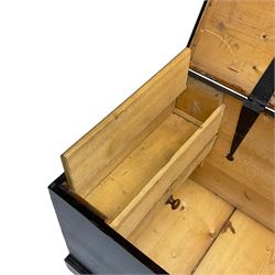Victorian pine blanket  box, hinged lid enclosing small hinged compartment, fitted with metal carrying handles, on bracket feet