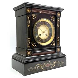 Victorian black slate cased mantel clock, with rouge marble, engraved and gilt decoration, circular dial with Roman chapter ring, twin train eight day movement with brocot escapement, striking the hours and halves on bell, the movement back plate stamped 'B.R 39549 498'