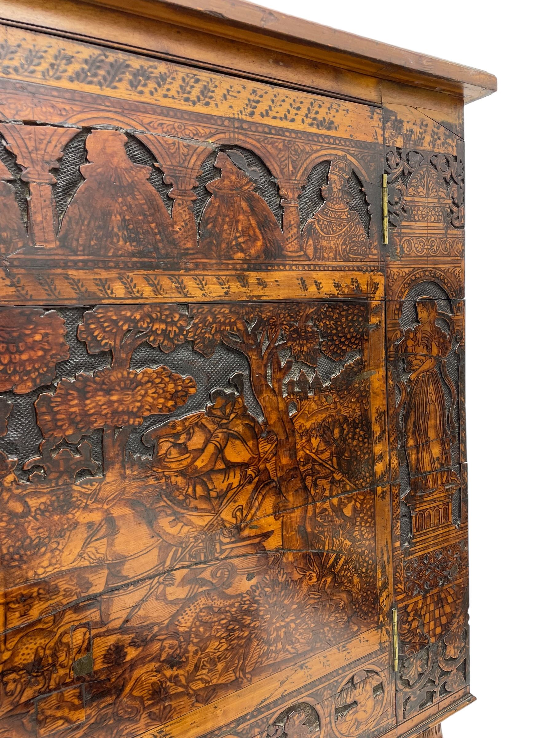 17th century and later cedarwood and pine side cupboard, moulded rectangular top, enclosed by two doors possibly removed and reused from a Venetian Cassone, carved and decorated with penwork, the upper architectural arcade with busts of noblemen, the larger decoration depicting hunters on horseback within woodland landscape with various animals, central and flanking uprights decorated with classical female figures upon pedestals, lower roundels decorated with lion and putto motifs, overall foliate decoration, raised on five hairy paw carved feet, the interior fitted with shelf