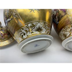 Pair of late 19th century Helena Wolfsohn vases and covers, each of baluster form with domed cover, painted with alternating panels of romantic scenes and floral sprays upon gilt ground, with Augustus Rex mark to base, H27cm