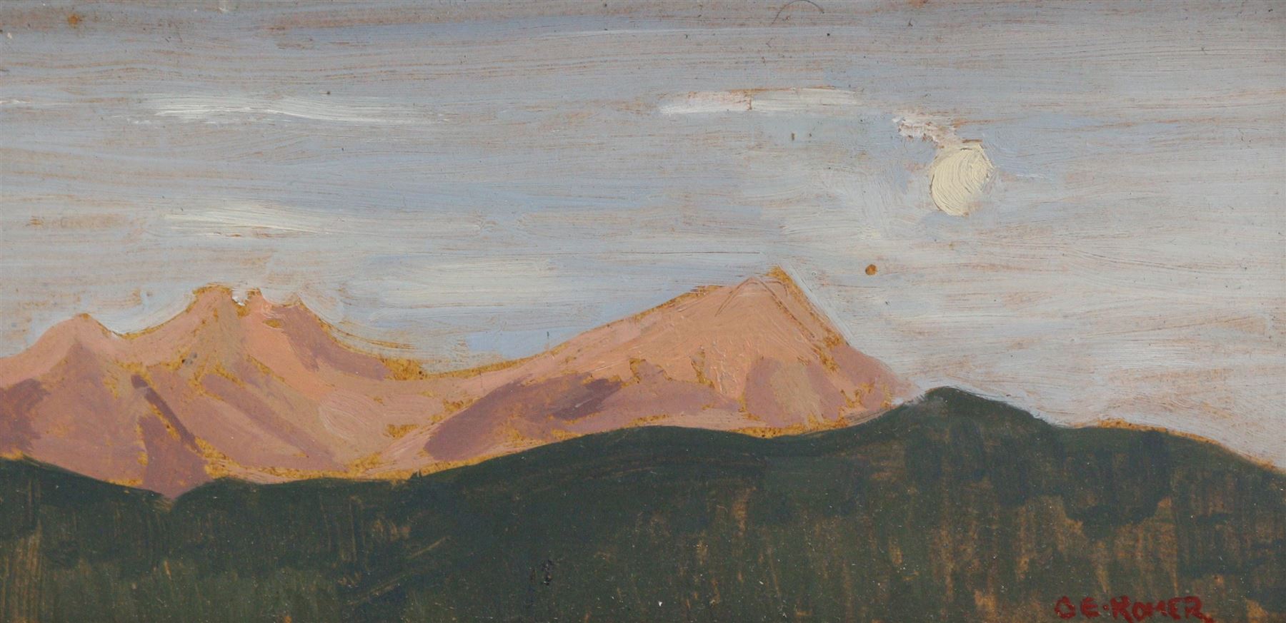 Caroline Romer (British 1955-): 'Moon at Dawn', oil on board signed, titled on Thackray Gallery London label verso 9cm x 19cm