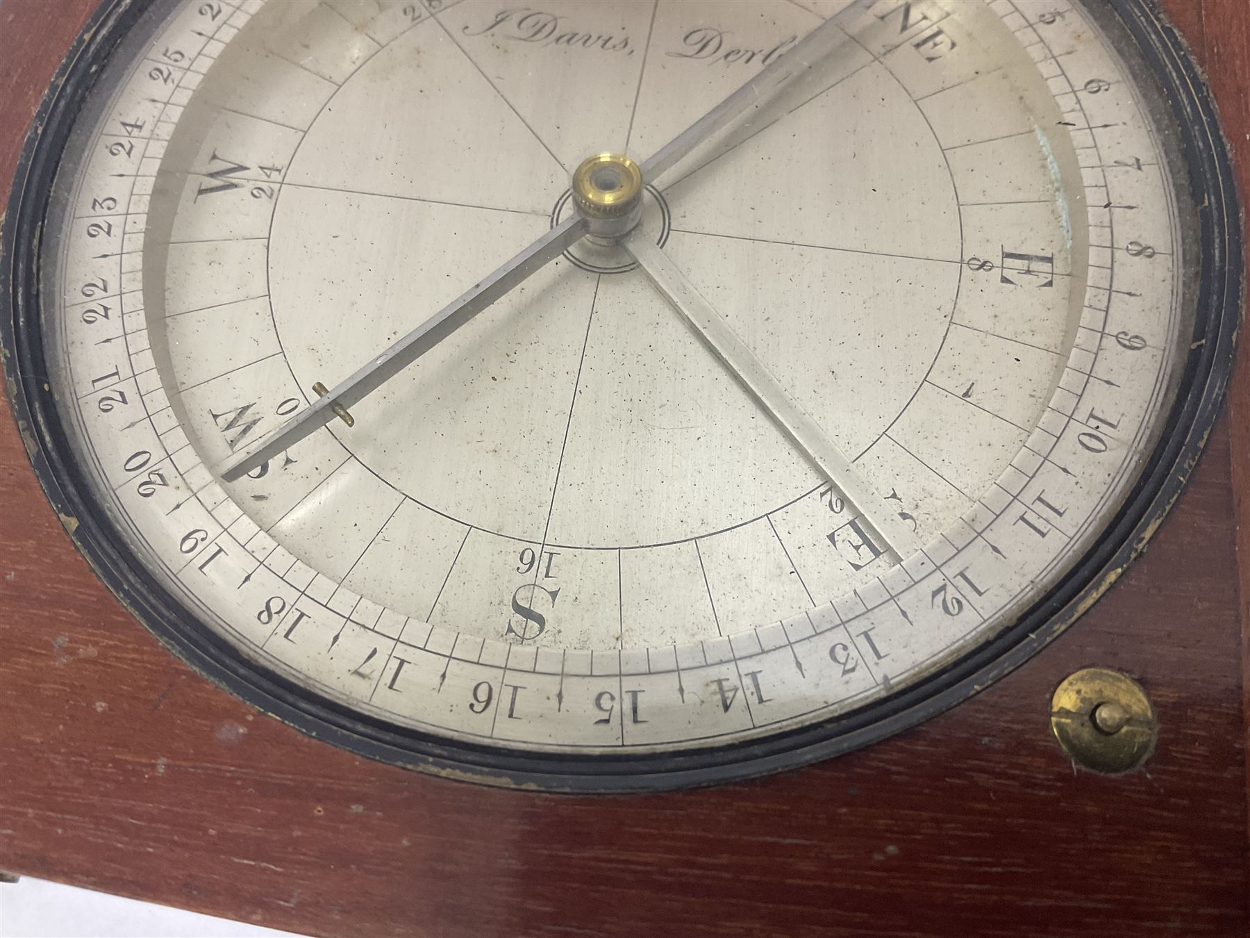 19th century thirty-two point surveyors compass, inscribed J. Davis Derby to the silvered dial, contained within a mahogany case, dial D11cm