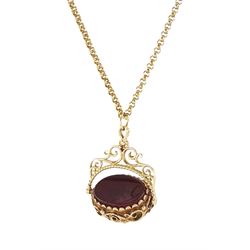 9ct gold black onyx and agate swivel fob, London 1991, on 9ct gold belcher link chain neck...