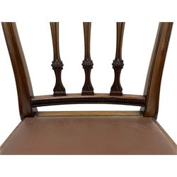 Set of six early 20th century Hepplewhite design mahogany dining chairs, moulded arched frame back, three shaped vertical rails carved with stylised foliate decoration, drop-in seats upholstered in brown fabric within moulded seat rails, on acanthus leaf carved cabriole supports with paw carved terminals 