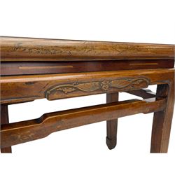 Pair of Chinese Hong Kong hardwood side tables, rectangular panelled top within moulded frame, the frieze rails carved with bats, on square supports terminating to hoof feet, united by shaped upper rails