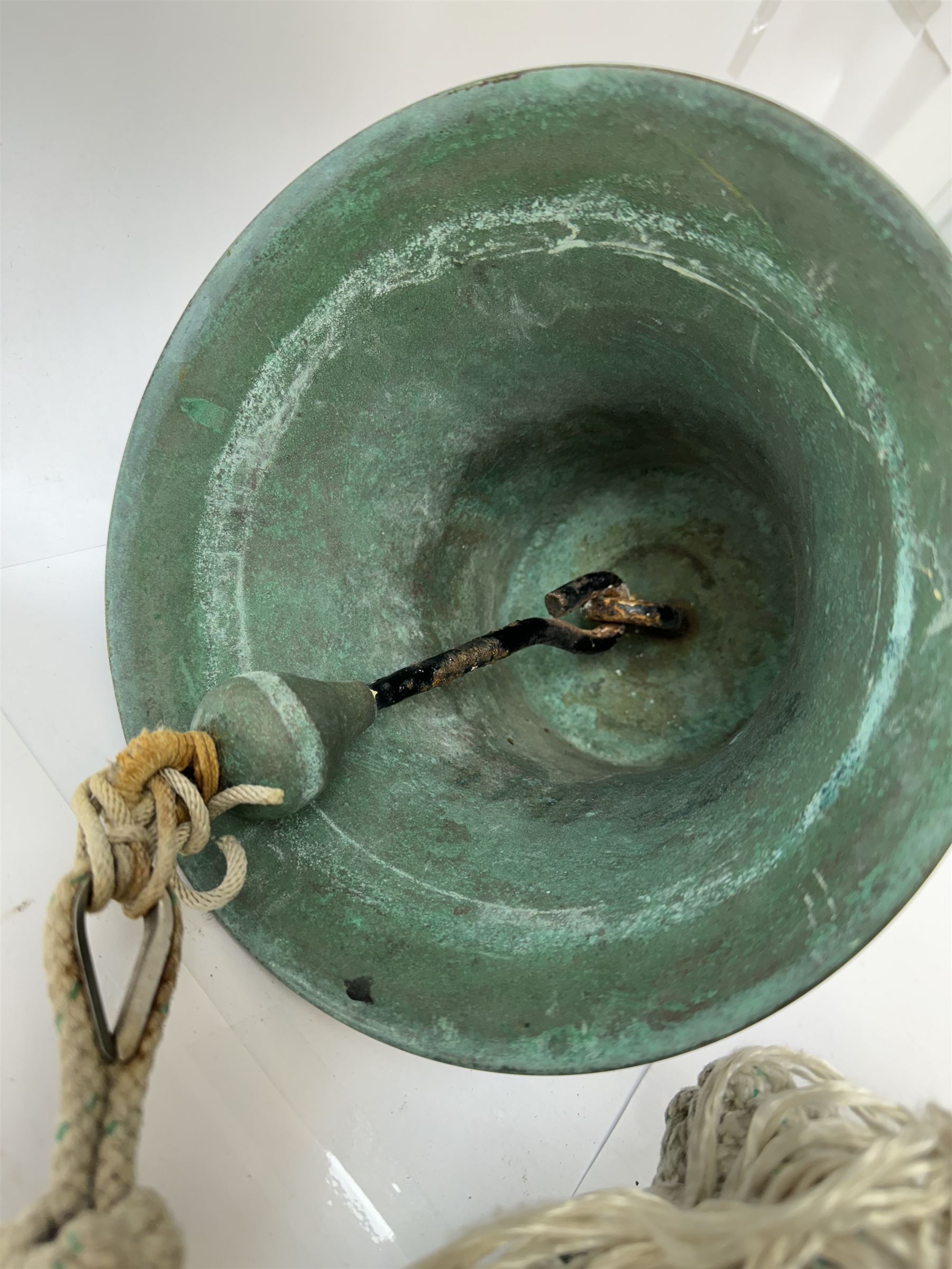 Early 20th century bronze ship's bell, inscribed 'Rosa 1921', with plaited rope pull, H19cm