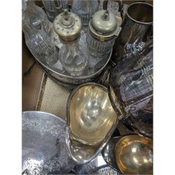 Silver spoon, hallmarked and a collection of silver plate, including tray, cut glass cruet set, Vogel ice bucket, etc