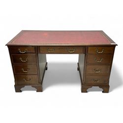 Georgian design mahogany twin pedestal desk, moulded rectangular top with red leather inse...