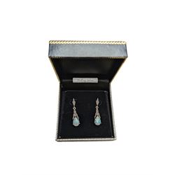 Pair of silver marcasite opal pendant earrings, stamped and boxed 