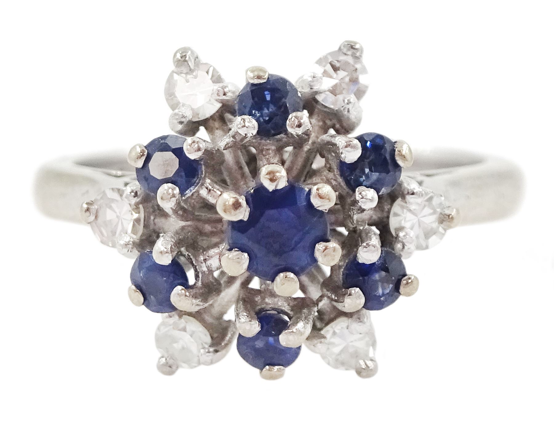 18ct white gold sapphire and single cut diamond cluster ring, stamped