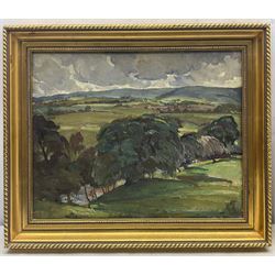 William Charles Penn (British 1877-1968): Expansive Landscape, oil on board signed, with a further still life verso 40cm x 50cm