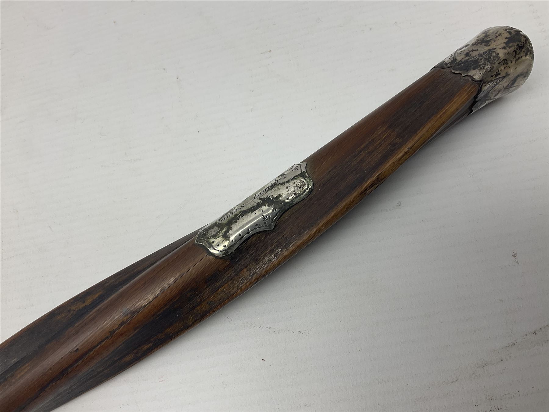 Twisted hardwood walking stick, mounted with silver cap and cartouche engraved James Booth, H88cm