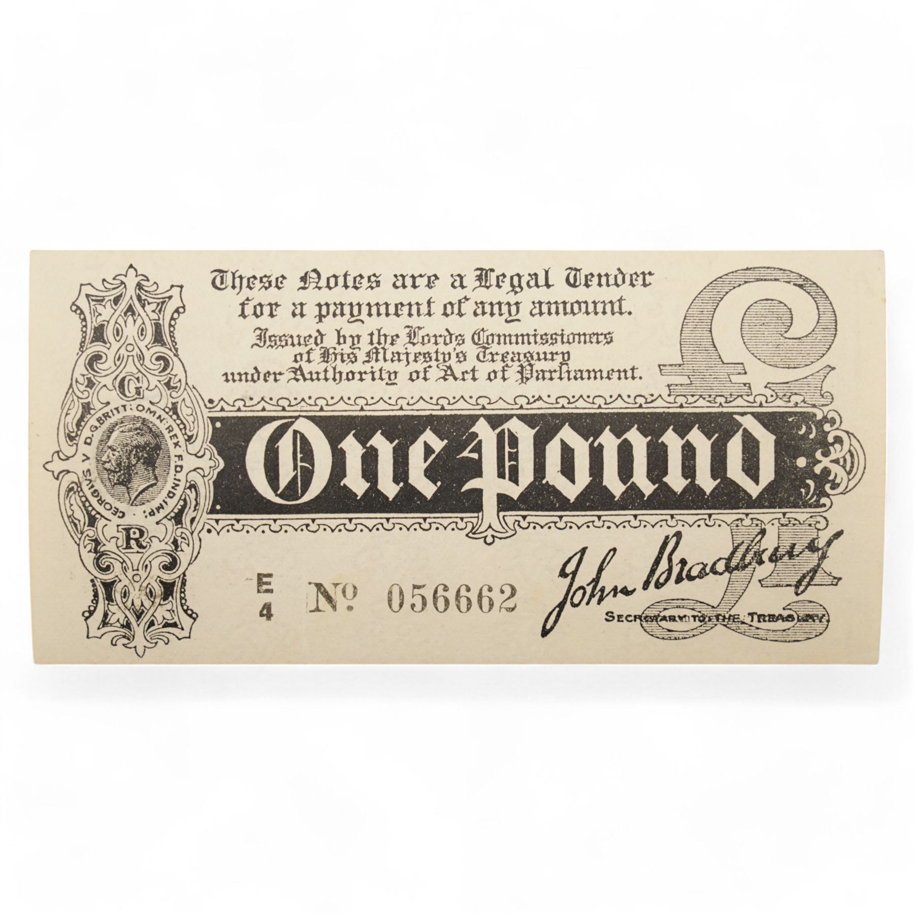 George V Bradbury first issue one pound banknote 'E4 No.056662'