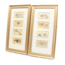 Six WWI silk postcards in two frames, comprising including Right is might, England Forever, Souvenir etc, frame H57cm, W29cm 