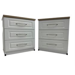 Pair of large oak and white finish three drawer bedside chests