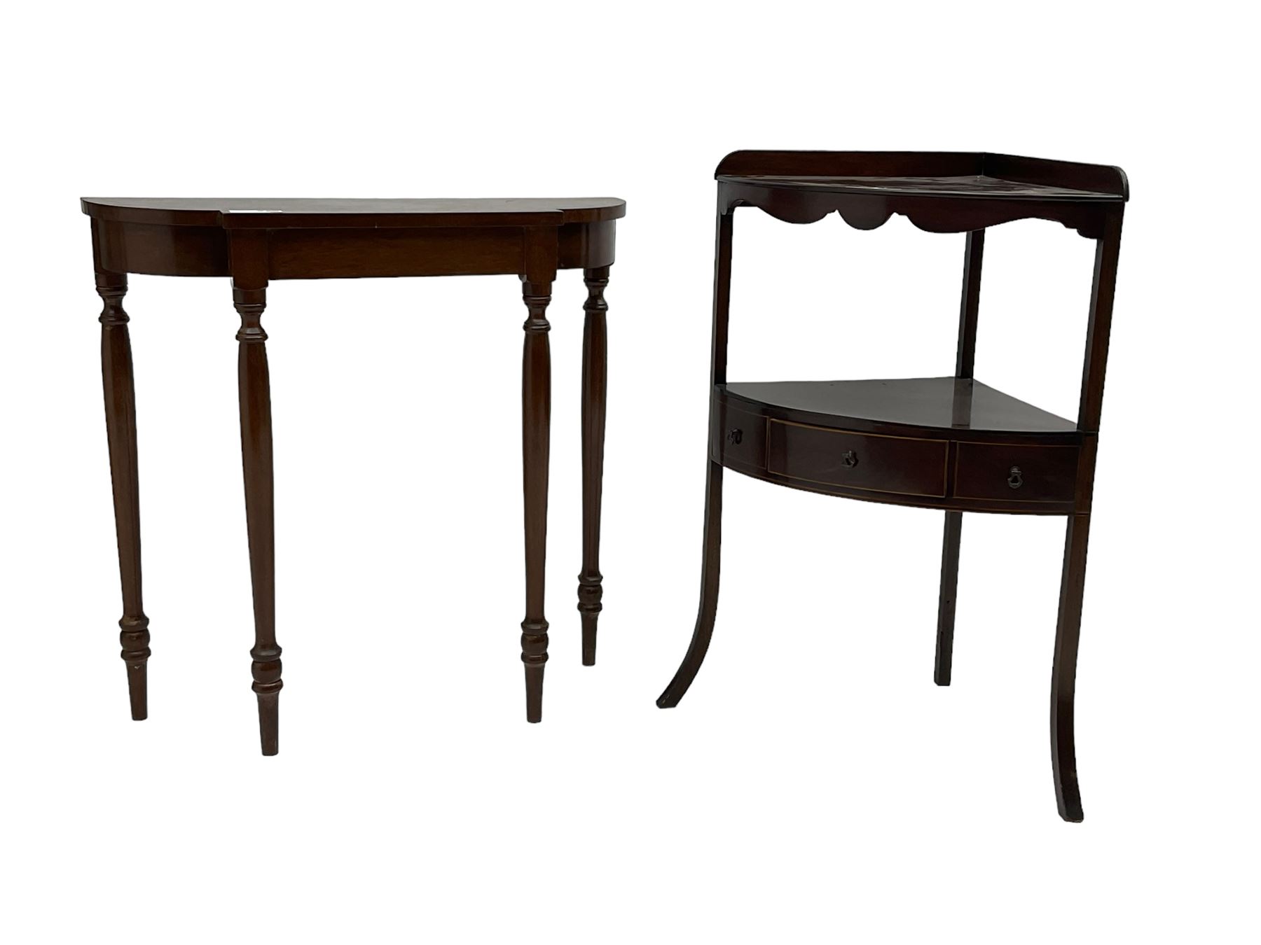 Early 19th century mahogany two-tier corner washstand (W58cm, H82cm); 20th century mahogany console table, on turned supports (W76cm, H75cm, D26cm)