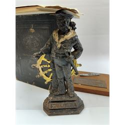 Collection of martime and shipping collectables, including brass cased gimbal compass, marked Castle & Co, Hull, cast iron Britains Pride doorstop, buttons, Lloyds Register, photographs, postcards and other ephemera