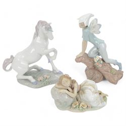 Three Lladro figures, comprising  Magical Unicorn no 7697, Prince of Elves no 7690 and Pri...