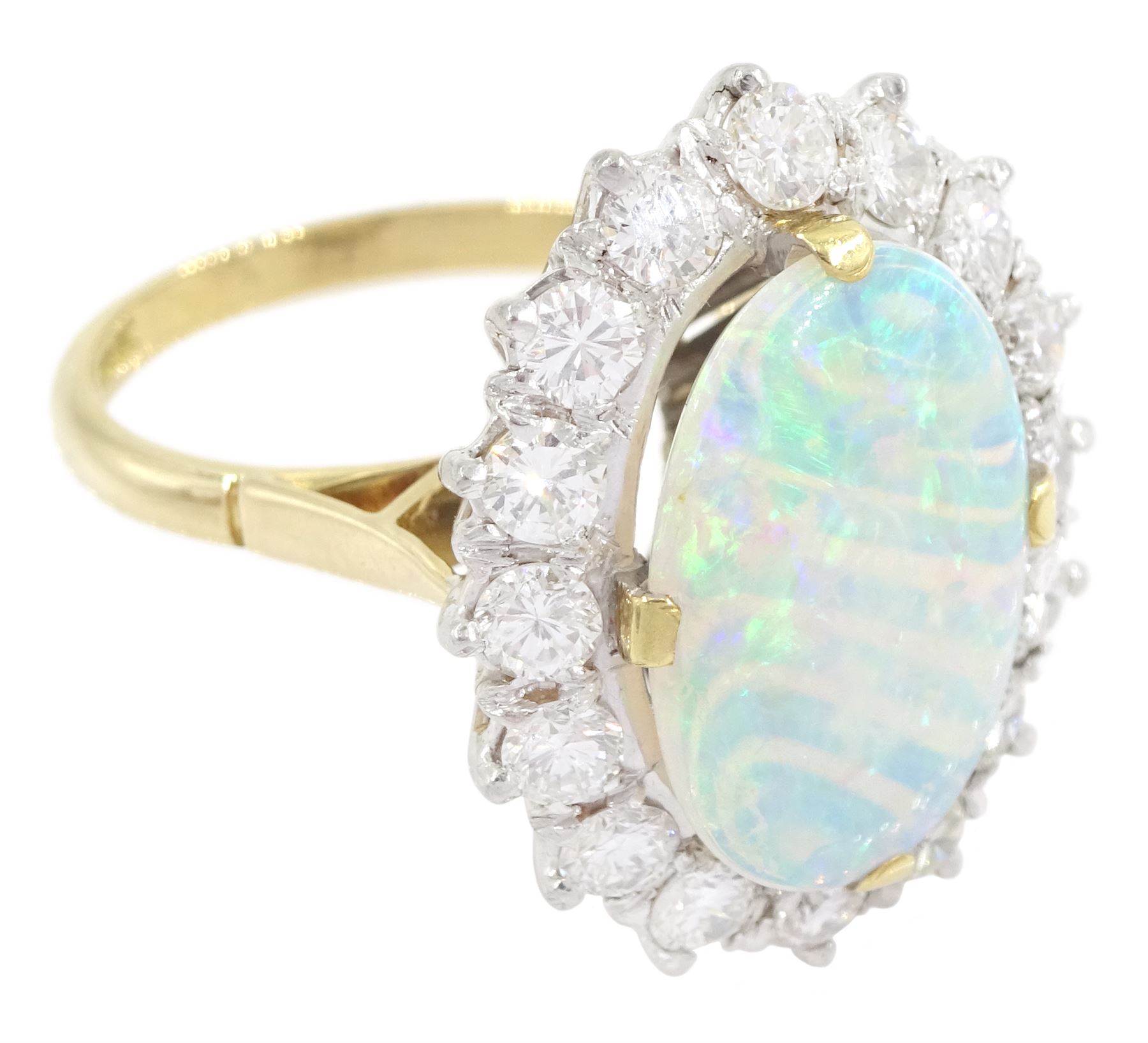 18ct gold and palladium opal and round brilliant cut diamond cluster ring, opal approx 1.35 carat, total diamond weight approx 1.15 carat