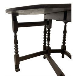 18th century country oak drop-leaf table, oval top, fitted with single drawer, raised on double gate-leg action bobbin-turned supports, united by stretchers