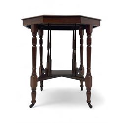 Victorian oak occasional table, octagonal top with bevelled edges, lower section fitted wi...